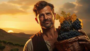een Mens Holding een mand van druiven tegen een verbijsterend zonsondergang ai gegenereerd foto