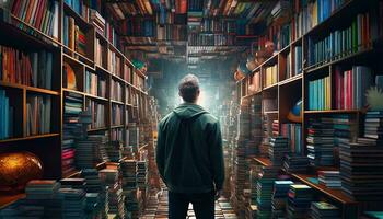 een Mens omringd door boeken in een bibliotheek ai gegenereerd foto