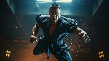 foto van een Mens opvallend een krachtig karate houding Aan een stadium ai gegenereerd