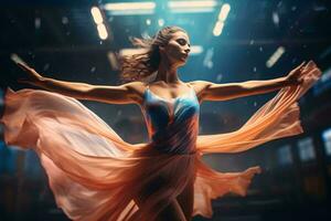 foto van een vrouw dansen sierlijk in de regenen, vervelend een levendig blauw en oranje jurk ai gegenereerd