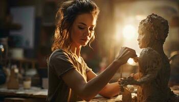 foto van een vrouw beeldhouwer Met passie werken Aan een meesterwerk in haar studio ai gegenereerd