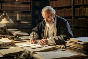 foto van een Mens omringd door boeken Bij een bureau ai gegenereerd