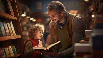 foto van een Mens lezing een boek naar een weinig meisje, koesteren een liefde voor lezing en aan het leren ai gegenereerd