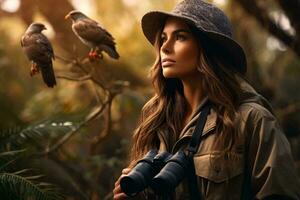 een vrouw met een camera en een vogel neergestreken Aan haar schouder ai gegenereerd foto