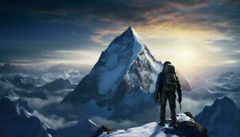 foto van een Mens staand Aan top van een met sneeuw bedekt berg ai gegenereerd