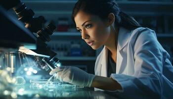 een vrouw wetenschapper dirigeren Onderzoek met een microscoop ai gegenereerd foto