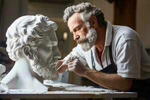 een beeldhouwer werken Aan een portret buste van een Mens ai gegenereerd foto