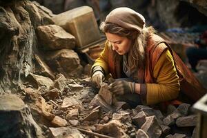 een vrouw werken in een rots steengroeve ai gegenereerd foto