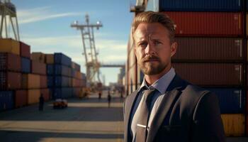 een zakenman staand in voorkant van lading containers ai gegenereerd foto