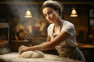 een vrouw kneden brood deeg in een schort ai gegenereerd foto
