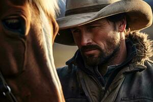 een Mens in een cowboy hoed staand De volgende naar een paard ai gegenereerd foto