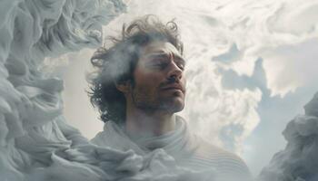 een Mens staand in ontzag onder een prachtig wolk gevuld lucht ai gegenereerd foto