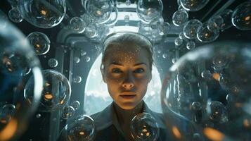 een vrouw in een ruimte station observeren de betoverend schoonheid van drijvend bubbels ai gegenereerd foto