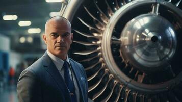 een zakenman staand in voorkant van een krachtig Jet motor ai gegenereerd foto