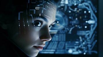 een vrouw gebruik makend van een computer met een futuristische digitaal backdrop ai gegenereerd foto