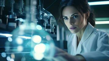 een vrouw wetenschapper in werking een high Tech machine in een laboratorium ai gegenereerd foto