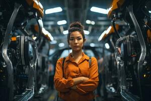 een vrouw in een oranje overhemd staand in een ruimte station ai gegenereerd foto