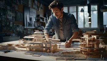 een Mens werken Aan een model- van een huis ai gegenereerd foto