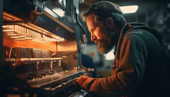 een Mens in werking machinerie in een fabriek ai gegenereerd foto