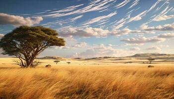 een eenzaam boom staand hoog in een pittoreske veld- ai gegenereerd foto