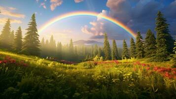 een levendig regenboog gebogen over- een weelderig Woud landschap ai gegenereerd foto