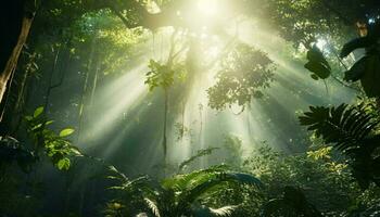 zonlicht streaming door de weelderig gebladerte van een oerwoud ai gegenereerd foto