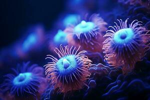 een levendig Scherm van blauw en geel zee anemonen in hun natuurlijk leefgebied ai gegenereerd foto