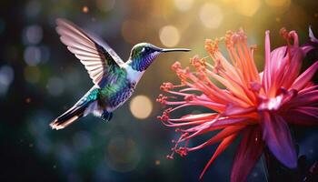 een kolibrie in halverwege de vlucht bovenstaand een levendig roze bloem ai gegenereerd foto