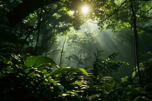 zonlicht streaming door de dicht oerwoud gebladerte ai gegenereerd foto