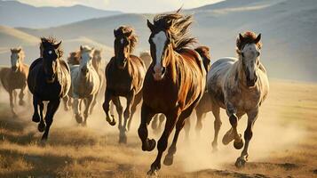 een groep van wild paarden galopperen aan de overkant een zonovergoten weide ai gegenereerd foto