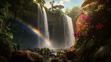 een mooi waterval met een levendig regenboog schijnend door het ai gegenereerd foto