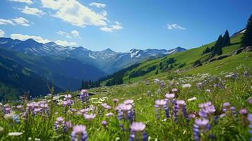 een kleurrijk veld- van bloemen met majestueus bergen in de achtergrond ai gegenereerd foto