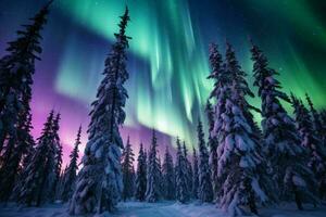 een verbijsterend groen en Purper Aurora borealis verlichting omhoog de nacht lucht ai gegenereerd foto