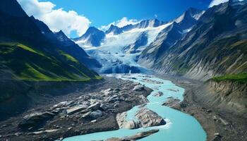 een pittoreske rivier- vloeiende door een majestueus berg vallei ai gegenereerd foto