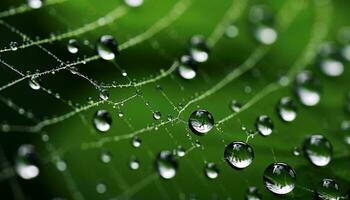 water druppels glinsterend Aan een levendig groen blad ai gegenereerd foto