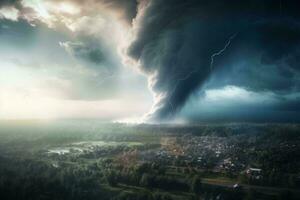 een dreigend storm naderen een bruisend stadsgezicht ai gegenereerd foto