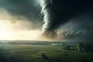 een dreigend storm wolk dreigend over- een pittoreske groen veld- ai gegenereerd foto