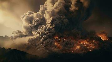 een dramatisch rook pluim stijgende lijn van een berg top ai gegenereerd foto