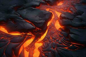 een ontzagwekkend antenne visie van gesmolten lava vloeiende naar beneden de zijden van een vulkanisch krater ai gegenereerd foto