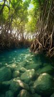 een sereen landschap met een rustig water lichaam en pittoreske rots formaties temidden van weelderig groen bomen ai gegenereerd foto