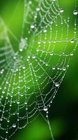 een glinsterend spin web Aan een levendig groen backdrop ai gegenereerd foto