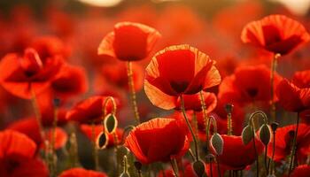 een levendig veld- van rood bloemen met een dromerig, wazig achtergrond ai gegenereerd foto
