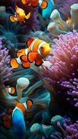 een school- van kleurrijk clown vis zwemmen in hun natuurlijk leefgebied ai gegenereerd foto