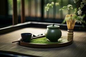 een traditioneel Japans thee reeks met een groen thee pot en vliegenmepper Aan een mooi dienblad ai gegenereerd foto