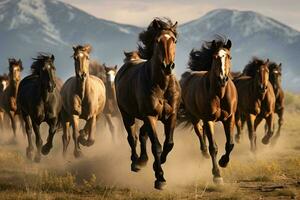 een groep van galopperen paarden in een zonovergoten weide ai gegenereerd foto