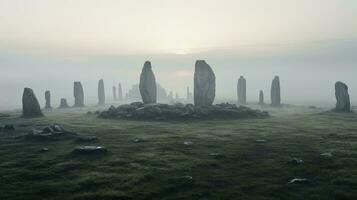 stonehenge staand in een mistig veld, creëren een mysterieus en sfeervol tafereel ai gegenereerd foto