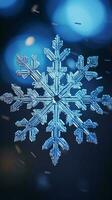 een single sneeuwvlok Aan een levendig blauw backdrop ai gegenereerd foto