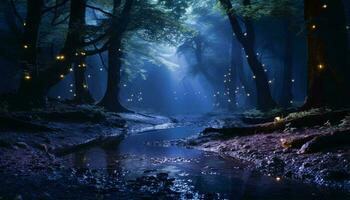 een betoverend stroom van water verlichte door levendig lichten in een mystiek Woud instelling ai gegenereerd foto