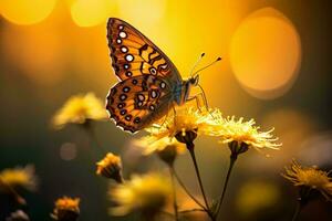 een levendig vlinder neergestreken Aan een delicaat bloem ai gegenereerd foto