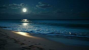 een sereen nacht tafereel met een vol maan reflecterend Aan de oceaan en voetafdrukken in de zand ai gegenereerd foto